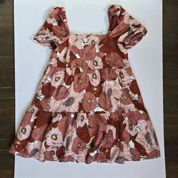 Ann Taylor Loft Coral Large Floral Poppy Square Neck Puff Sleeve Dress 4 - Picture 5 of 15